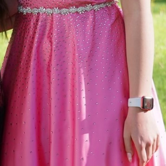 Prom Gown - Pink Full Length Lace-up back with Crystal bling worn once - Picture 6 of 13